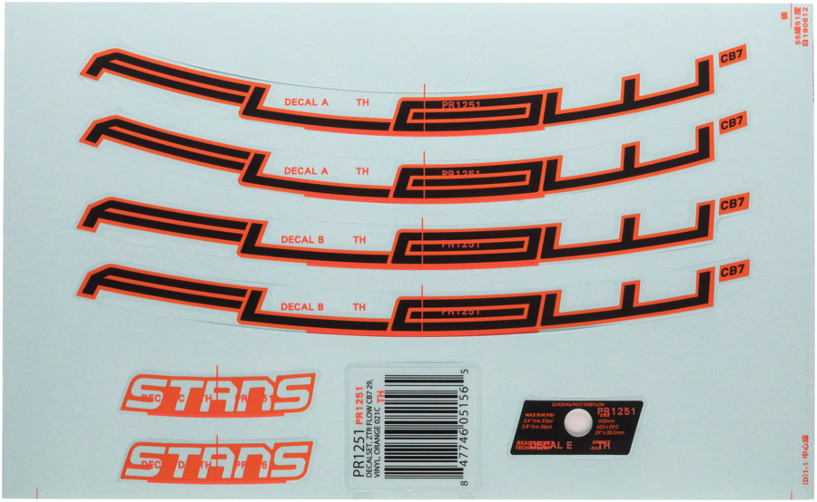 Stans Flow CB7 Rim Decal - 27.5" Orange Set