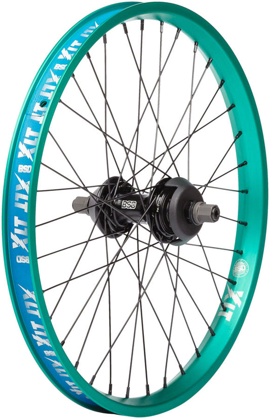 BSD XLT Revolution Rear Wheel - 20" 14 x 110mm Rim Brake Freecoaster RHD BLK/Teal 36H